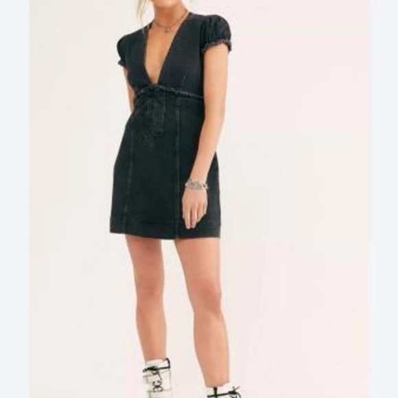 Free People Dresses & Skirts - Free People Something Sweet V Neck Denim Mini Dress Black Stretch Lace Up-10